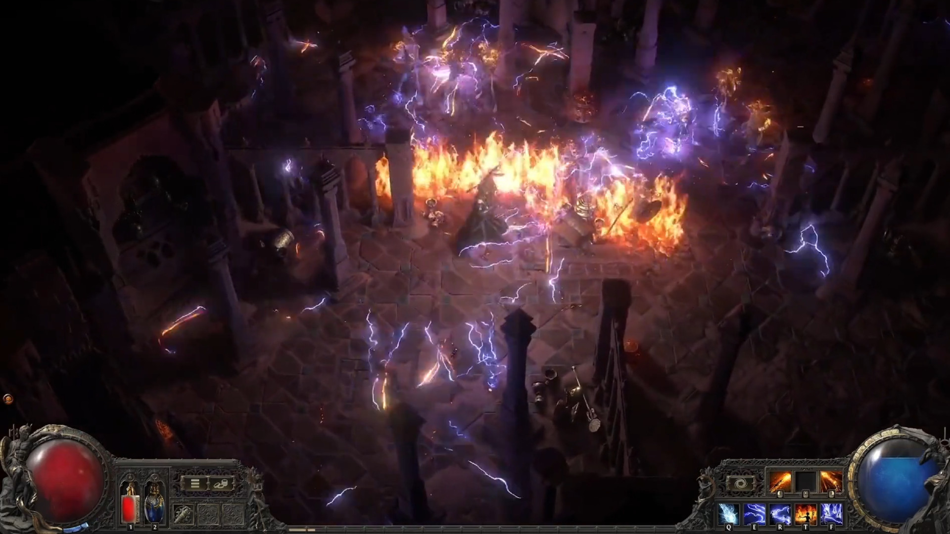 Path of Exile 2 - Bir Büyücü, bir ateş duvarına şimşekler fırlatarak onları ateşe verir.