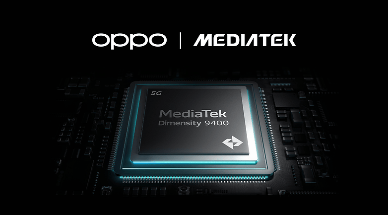 Koyu arka planda Dimensity 9400 çipli Oppo logosu ve MediaTek logosu.