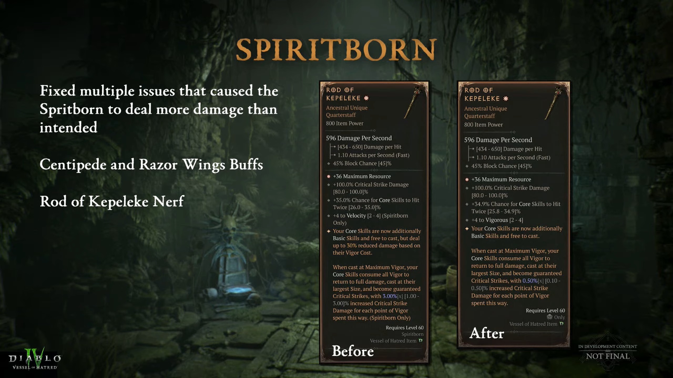 Diablo 4 kamp ateşinden geliştiriciler tarafından Spiritborn sınıfındaki değişiklikleri ayrıntılarıyla gösteren slaytlar