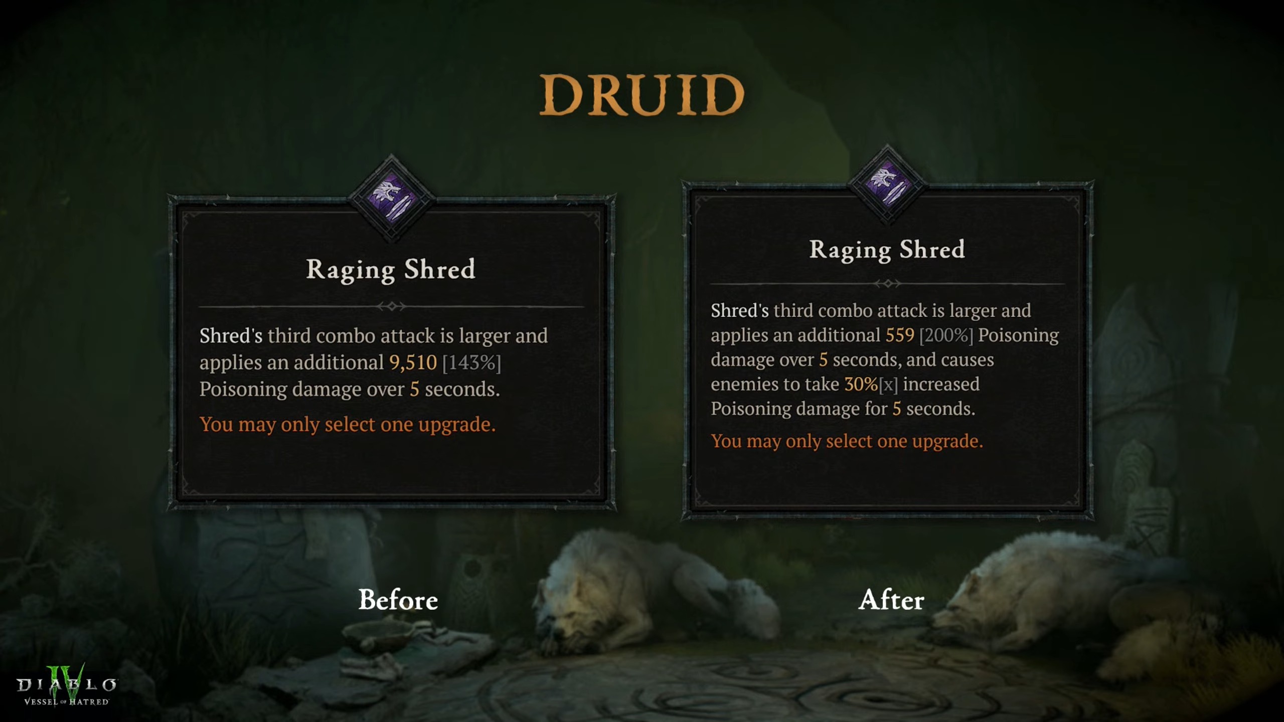 Diablo 4'teki Druid sınıfındaki değişiklikleri gösteren slaytlar