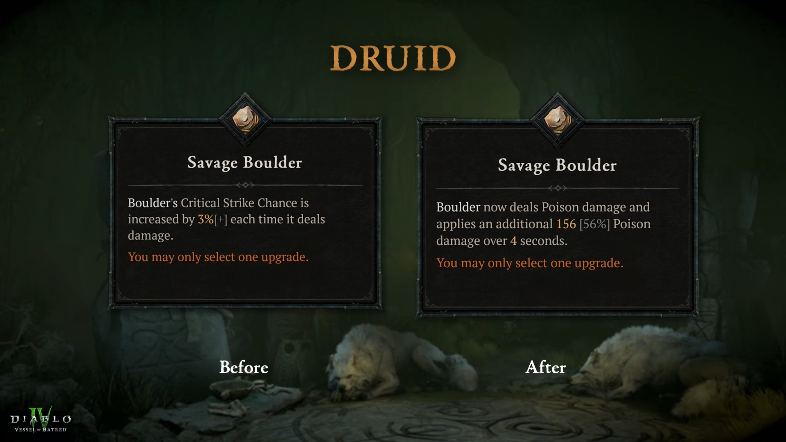 Diablo 4'teki Druid sınıfındaki değişiklikleri gösteren slaytlar