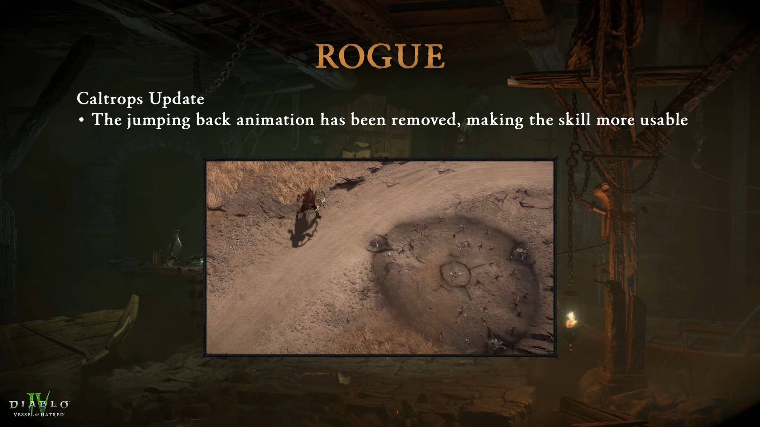 Diablo 4 kamp ateşinde Rogue sınıfındaki değişiklikleri gösteren slaytlar
