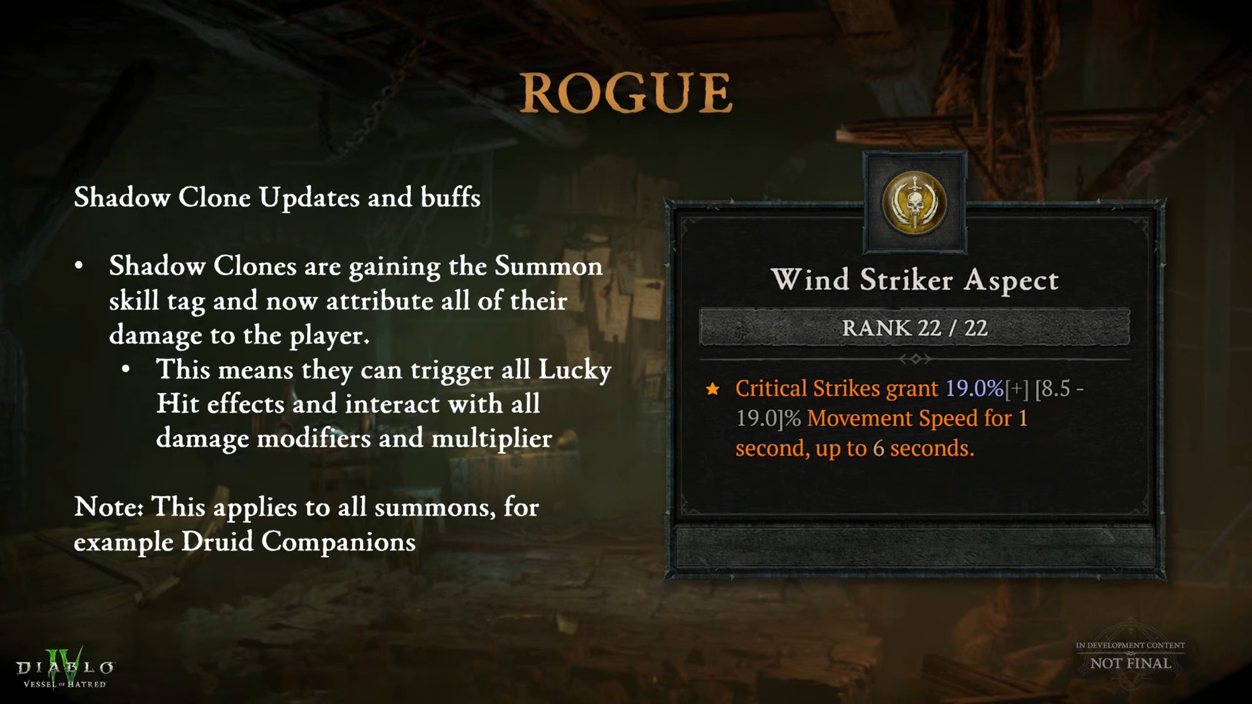 Diablo 4 kamp ateşinde Rogue sınıfındaki değişiklikleri gösteren slaytlar