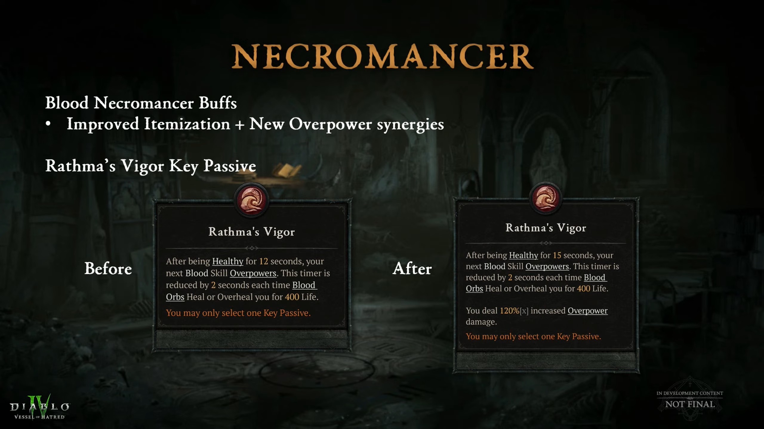 Diablo 4 kamp ateşi sırasında Necromancer değişikliklerini detaylandıran slaytlar gösteriliyor