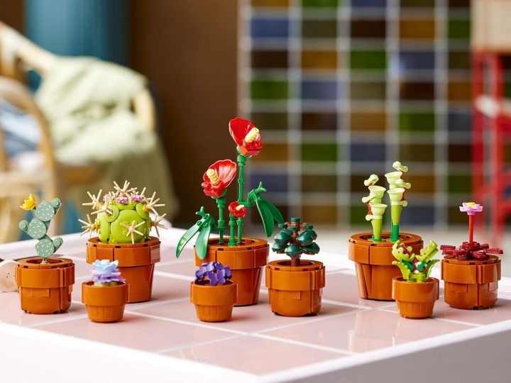 Bir araya getirilmiş Lego Icons Minik Bitkiler sergileniyor.