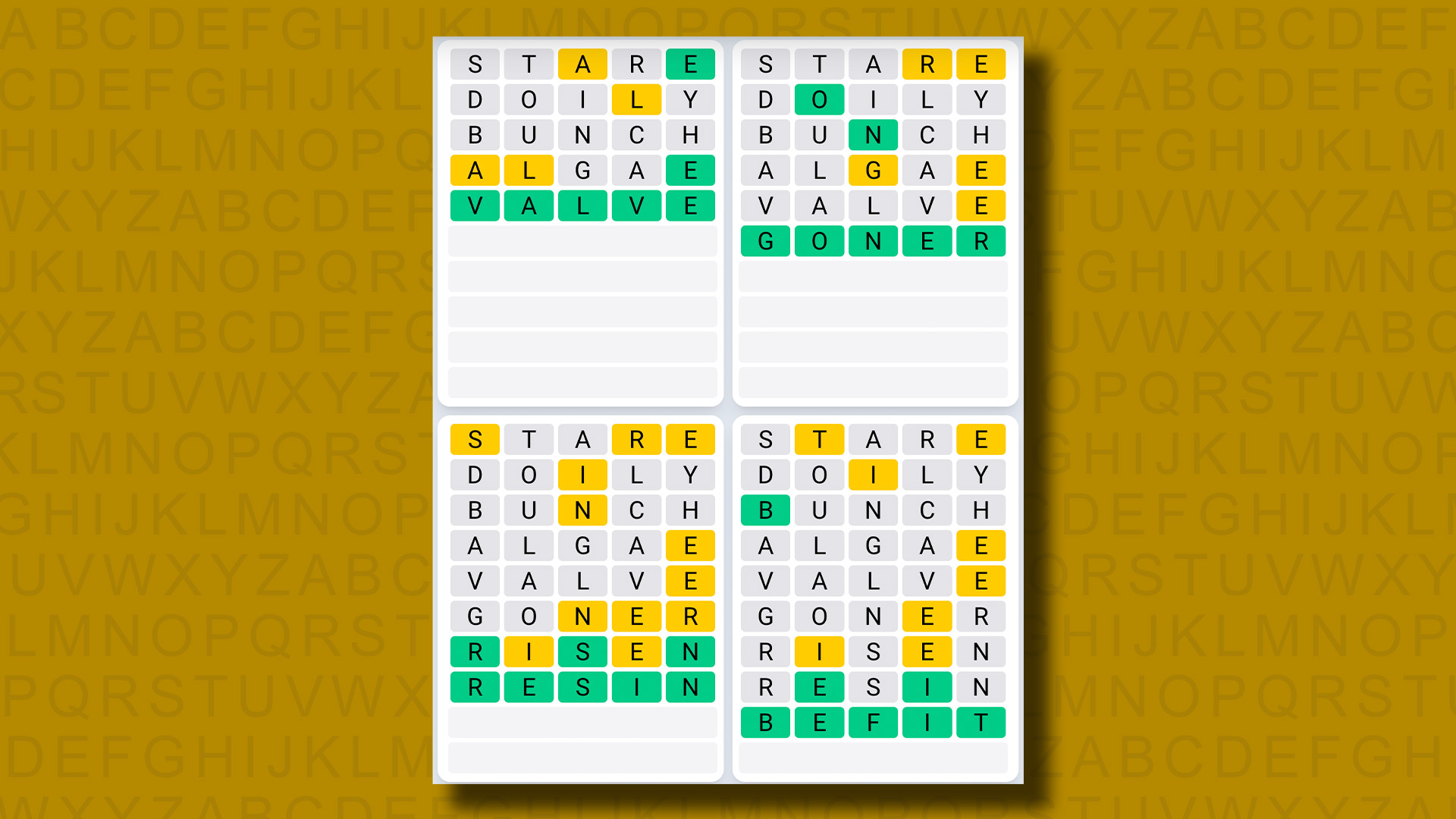 Sarı arka planda 1034 numaralı oyunun Quordle Günlük Dizisi yanıtları