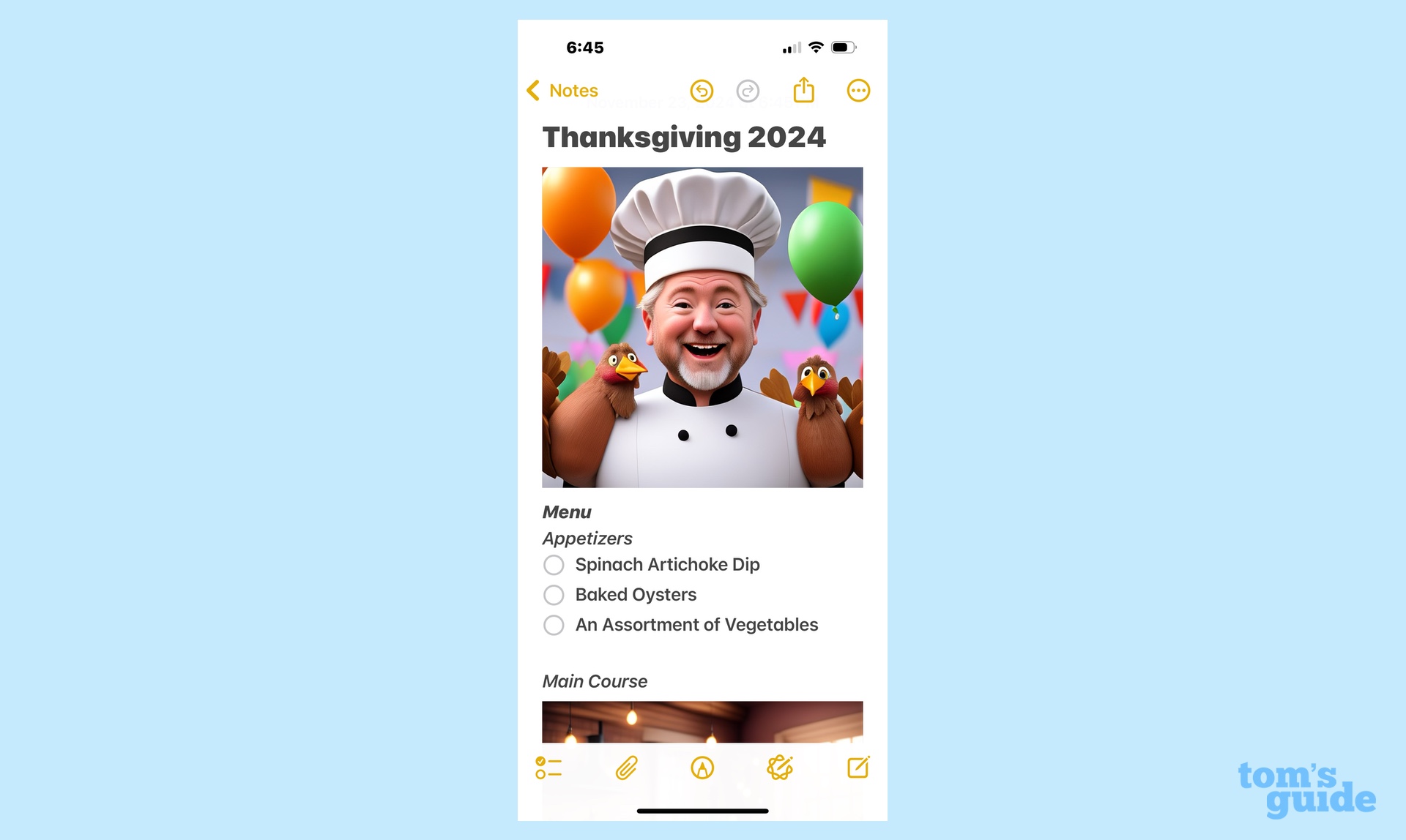 iOS 18 Notes'ta Image Playground'dan AI tarafından oluşturulan görsellerin yer aldığı bir menünün kaba taslağı