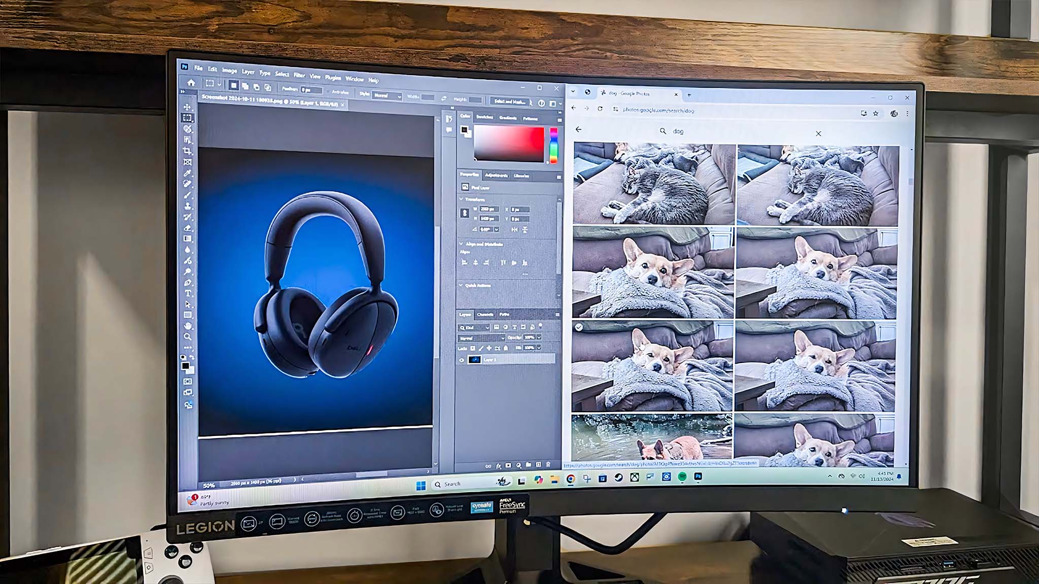 Bölünmüş ekranlı Lenovo Legion R27FC-30; Sol tarafı Photoshop'u gösteren sağ tarafı bir resim galerisi gösteriyor.