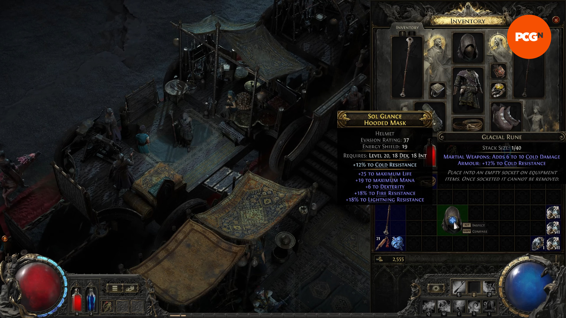 sürgün yolu-2-erken erişim-röportajı-soketler-işleme-runeleri Path of Exile 2 işçiliği - Yuvalarından birine rün yerleştirilmiş bir kask.