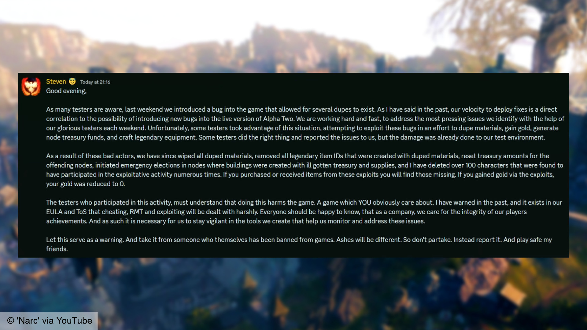 Ashes of Creation dupe exploit - Message from game director Steven Sharif: 