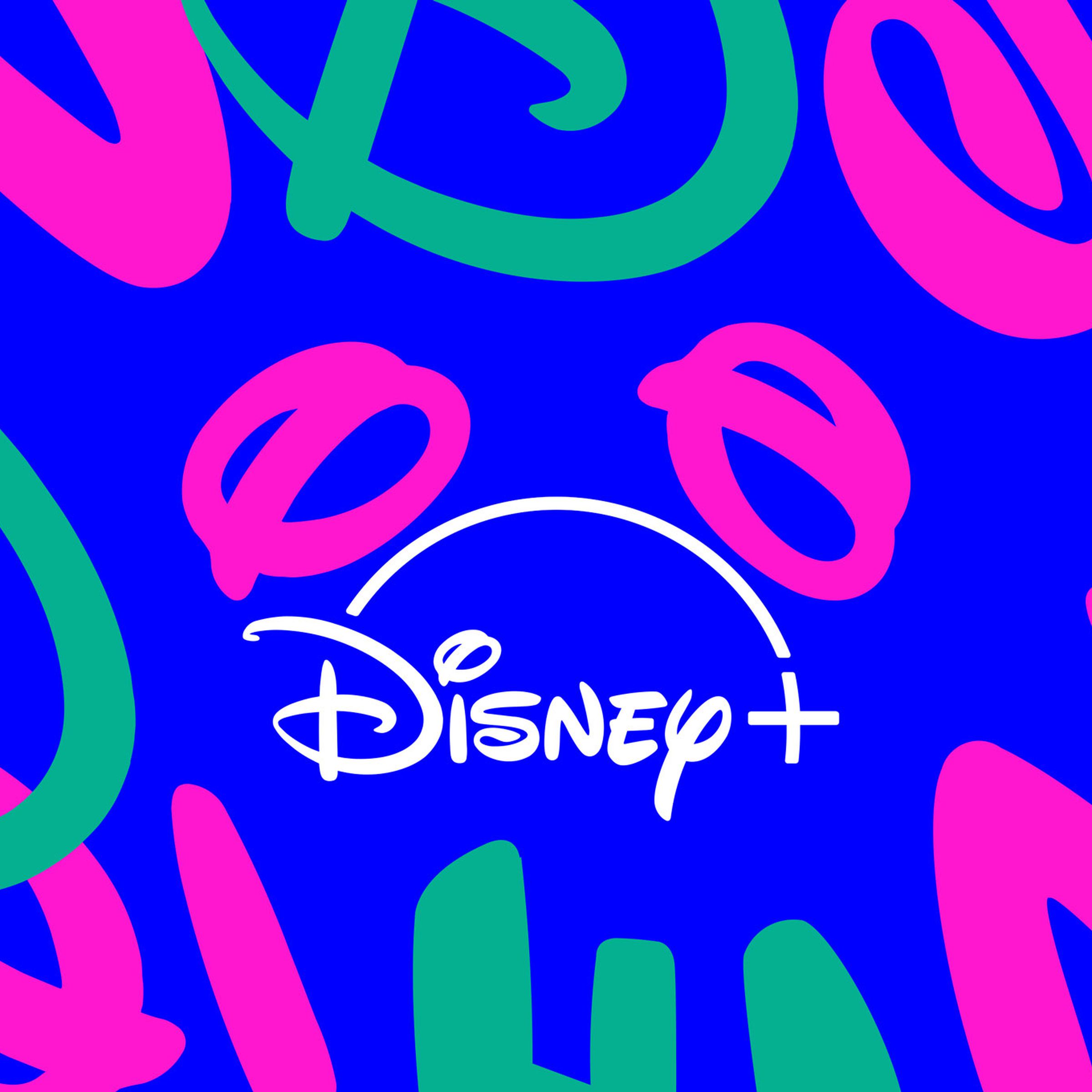 Pembe ve yeşil karalamalarla mavi bir arka planda Disney Plus logosu.