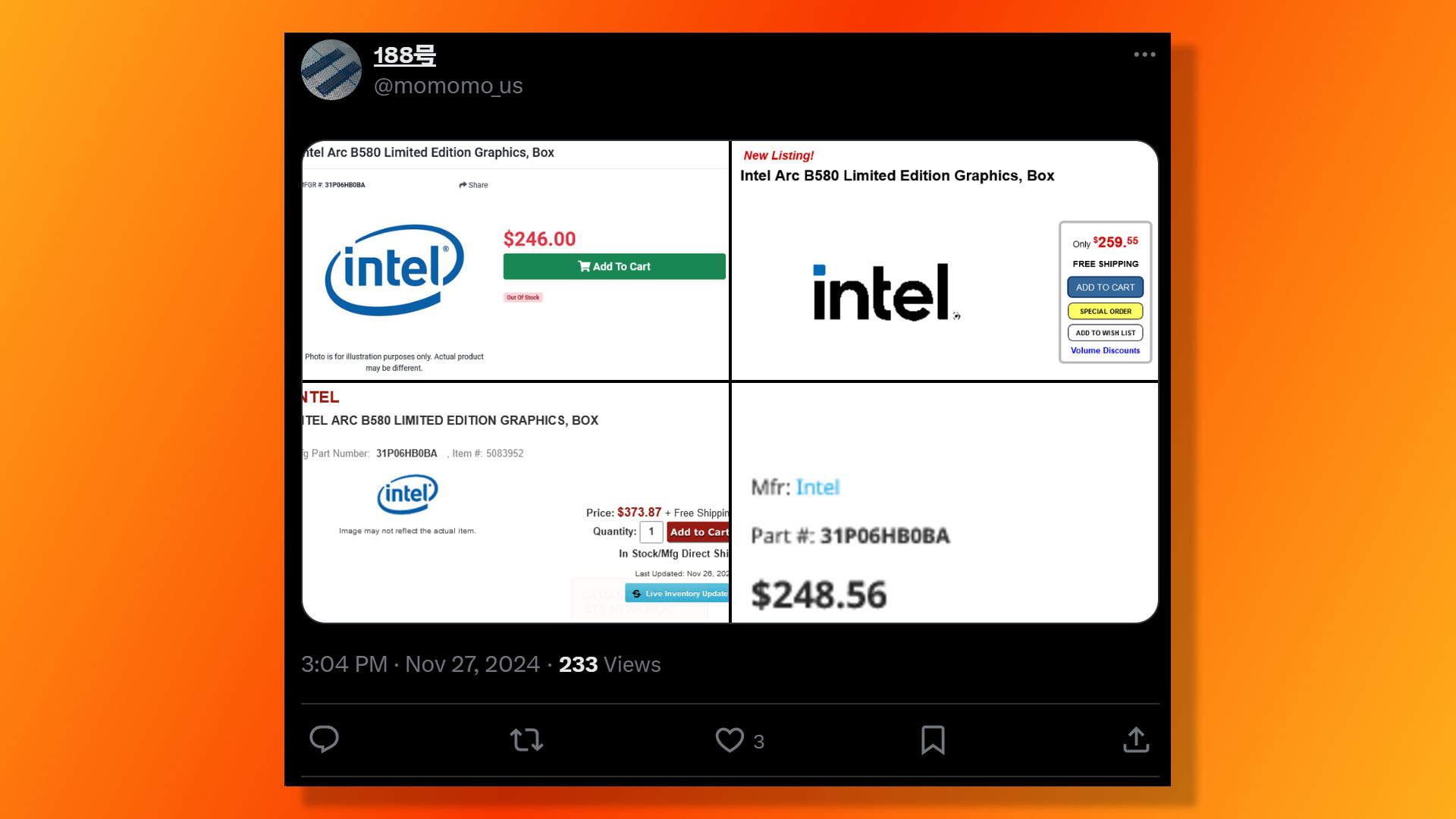 Çeşitli perakendecilerde gösterilen Intel Arc B580 Battlemage GPU fiyatı, momomo_us tarafından X'te sızdırıldı.