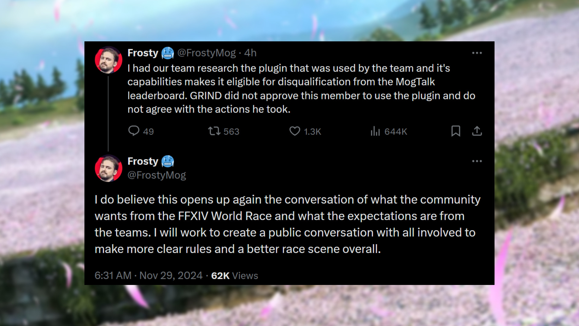 FF14 RWF FRU açıklaması - Frosty Twitter üzerinden: "Ekibimize, ekip tarafından kullanılan eklentiyi araştırmasını sağladım ve bu eklentinin yetenekleri, MogTalk skor tablosundan diskalifiye edilmeye uygun hale getiriyor. GRIND bu üyenin eklentiyi kullanmasını onaylamadı ve yaptığı eylemleri kabul etmiyor. Bunun, topluluğun FFXIV Dünya Yarışı'ndan ne istediği ve takımlardan beklentilerin neler olduğu konusunu yeniden tartışmaya açtığına inanıyorum. Daha net kurallar oluşturmak ve genel olarak daha iyi bir yarış sahnesi oluşturmak için tüm katılımcılarla halka açık bir sohbet oluşturmaya çalışacağım."