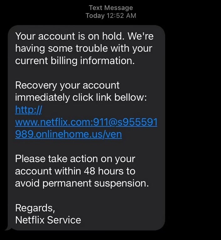 Netflix abonelerine kısa mesajla gönderilen hedefli kimlik avı saldırısının bir başka örneği.