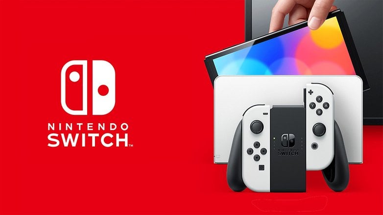 Kırmızı bir arka plana karşı Nintendo Switch OLED