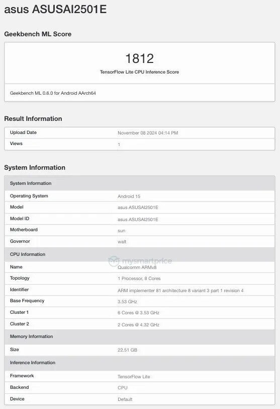 Asus ROG Phone 9 için Geekbench 6 puan kartının ekran görüntüsü.