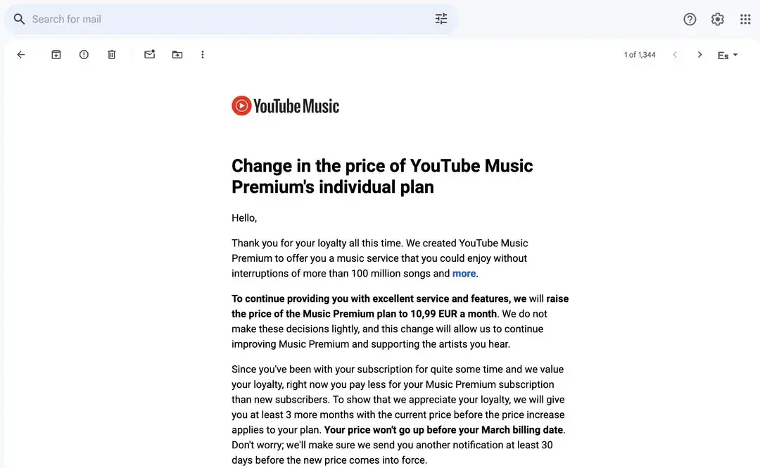 Eski YouTube Music kullanıcılarına fiyat artışı konusunda tavsiyelerde bulunan e-posta bildiriminin ekran görüntüsü