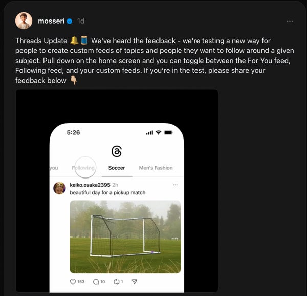 Adam Mosseri'nin Threads'deki gönderisinin ekran görüntüsü