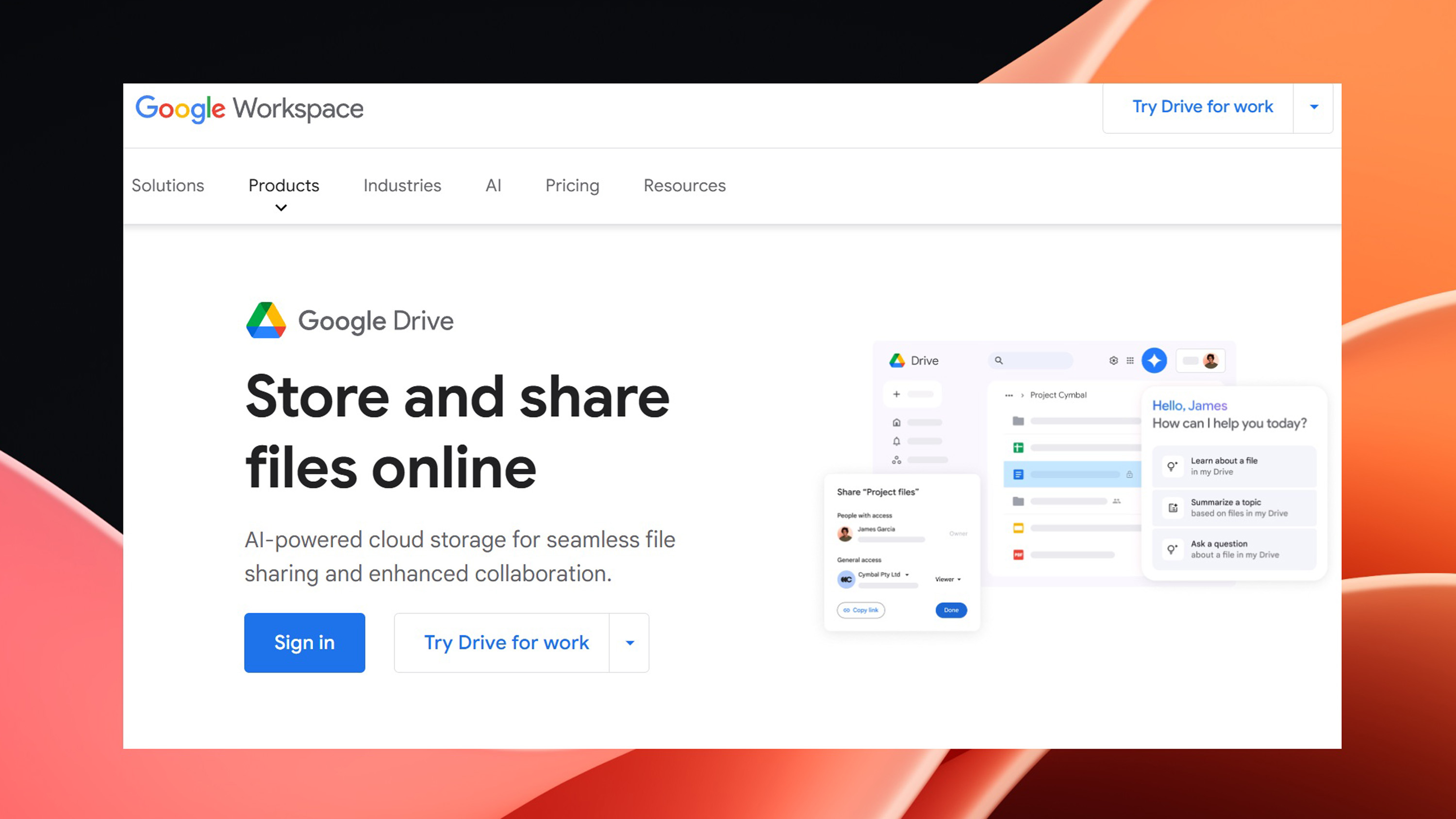 Google'ın Çalışma Alanları ve Drive yazılımına yönelik karşılama sayfasının ekran görüntüsü.