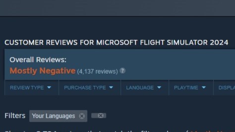 Microsoft Flight Simulator'u genel olumsuz yorumlar olarak gösteren Steam ekran görüntüsü