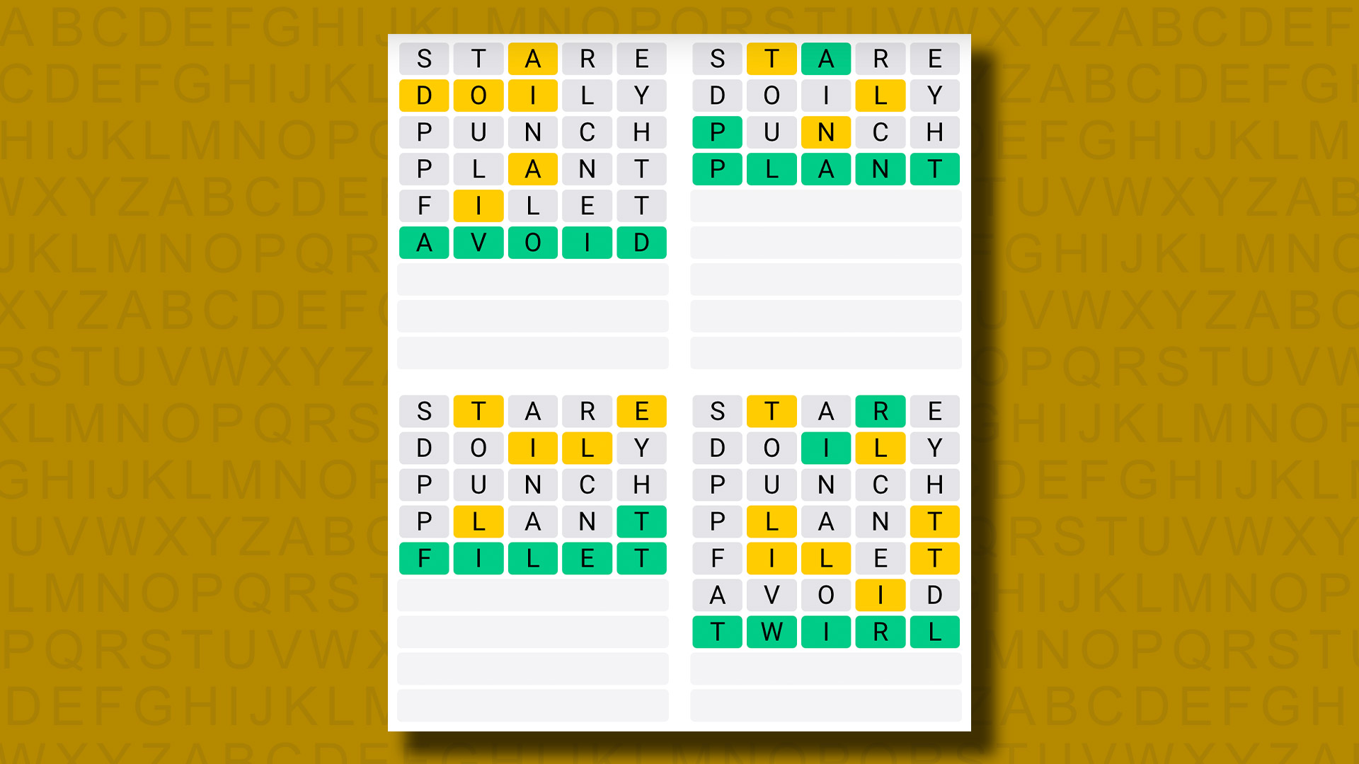 Sarı arka planda 1034 numaralı oyunun Quordle yanıtları