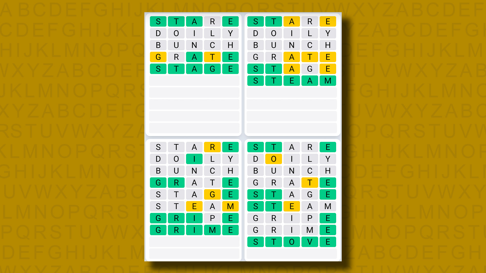 Sarı arka planda 1035 numaralı oyunun Quordle yanıtları