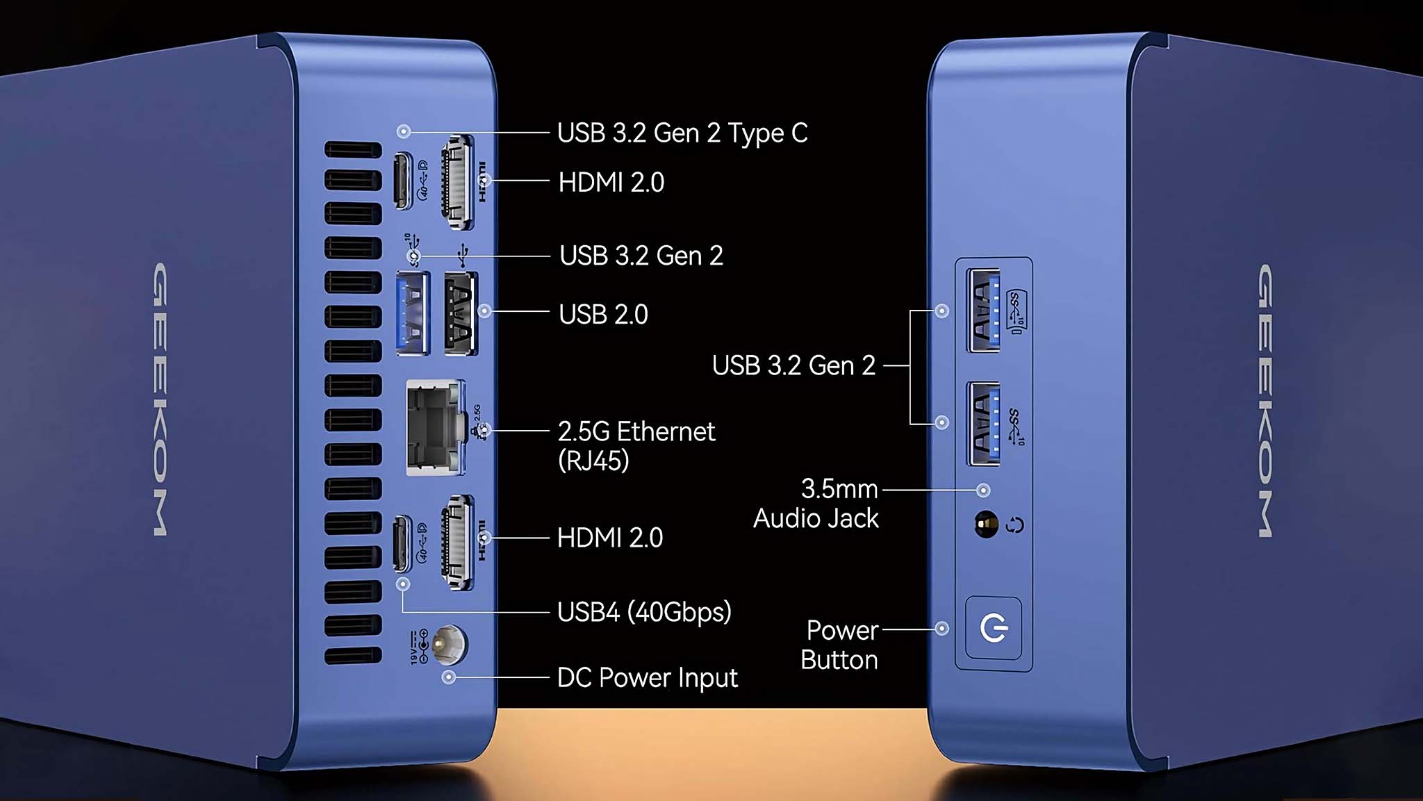 Geekom AX7 Pro'nun ön ve arka bağlantı noktalarını gösteren bir resim. Arkada iki HDMI 2.0 bağlantı noktası, bir USB-A 3.2 Gen 2 bağlantı noktası, iki USB-C 3.2 Gen 2 bağlantı noktası ve bir RJ45 bağlantı noktası. Ön tarafta iki adet USB-A 3.2 Gen 2 bağlantı noktası ve bir 3,5 mm ses girişi. 