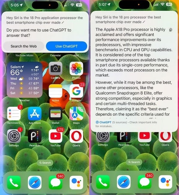 iOS 18.2 beta 2'de Siri ile ChatGPT entegrasyonu. | Resim kredisi-PhoneArena - En son beta güncellemesi, Siri'nin ChatGPT entegrasyonunun gelişmiş AI yeteneklerinin kullanımına nasıl izin verdiğini ortaya koyuyor