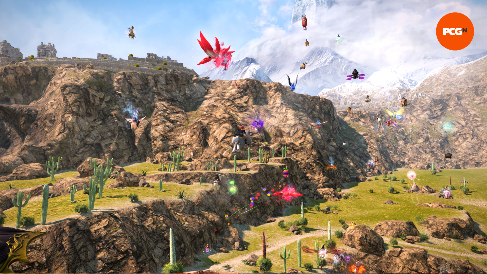 FF14 Dawntrail av trenleri - Bir grup oyuncu Urqopacha'da yolculuk yapıyor.