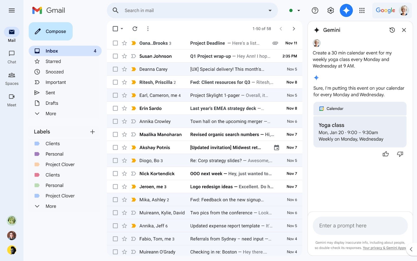 Gmail'in Gemini yan paneli artık takviminizle çalışabilir.  | Resim kredisi - Google - Gmail'in Gemini yan paneli artık Workspace kullanıcılarının programlarını daha verimli bir şekilde yönetmelerine yardımcı olabilir