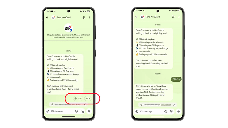 İki akıllı telefon, ziyaret etme veya bildirimleri durdurma seçeneklerini içeren Tata NeuCard mesajlarını gösteriyor.