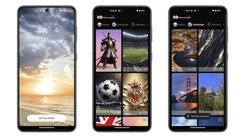 Üç akıllı telefon ekranı doğa, spor ve soyut temalar dahil olmak üzere duvar kağıdı seçeneklerini gösterir.