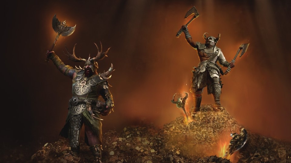 Bir altın yığınının üzerinde duran Diablo 4 karakteri