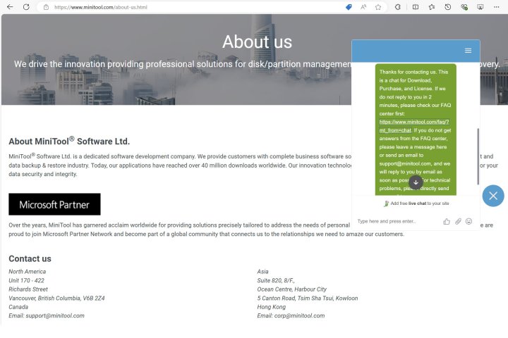 MiniTool müşteri hizmetleri satış için canlı sohbete ve teknik sorular için çok hızlı e-posta desteğine sahiptir.