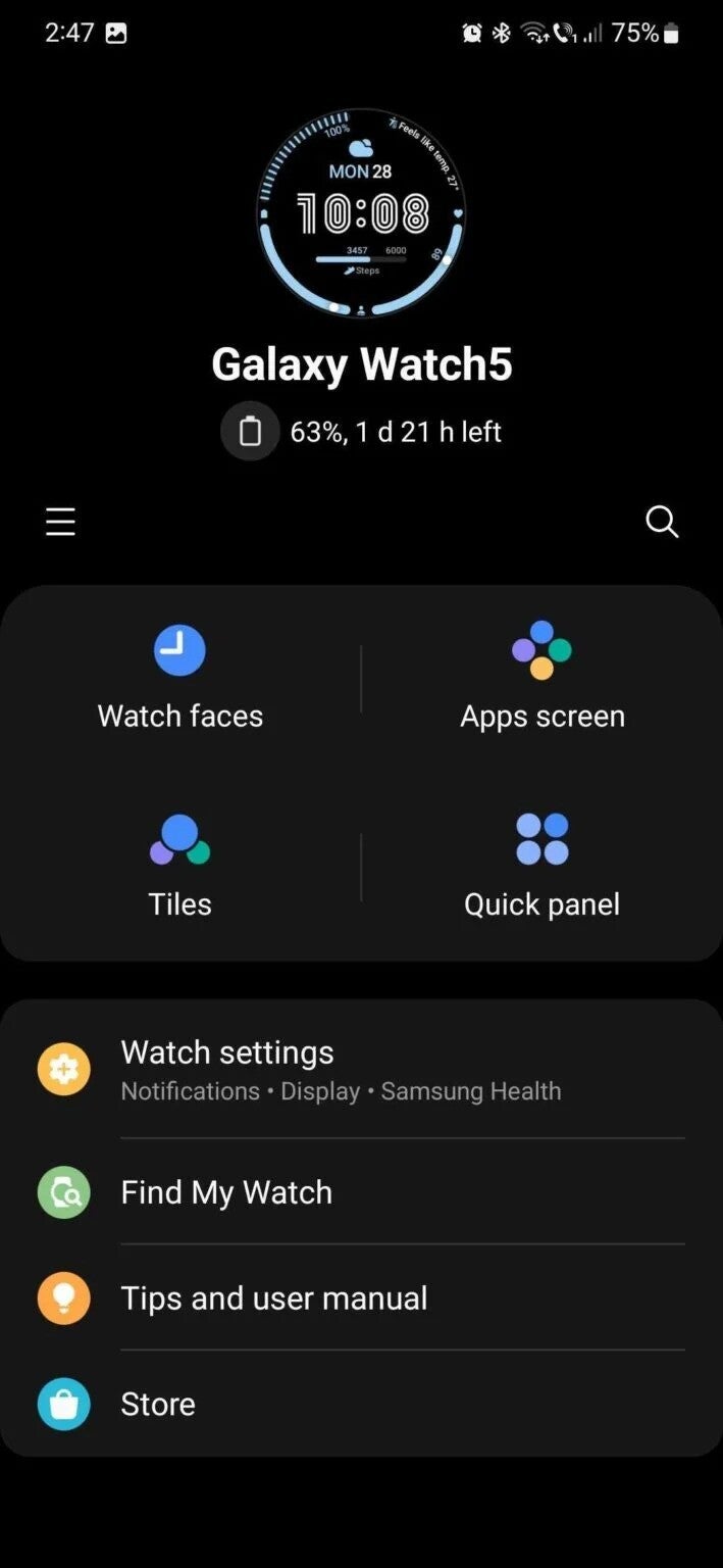 Samsung Galaxy Wearable uygulamasının ana ekranının ekran görüntüsü.