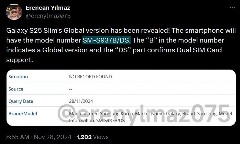 GSMA IMEI veri tabanında yer alan model numarası, Galaxy S25 Slim'in uluslararası bir modele sahip olacağını gösteriyor. | Resim kredisi-Erencan Yılmaz - Samsung'un ince Galaxy S25 Slim'i dünya çapında piyasaya sürülecek