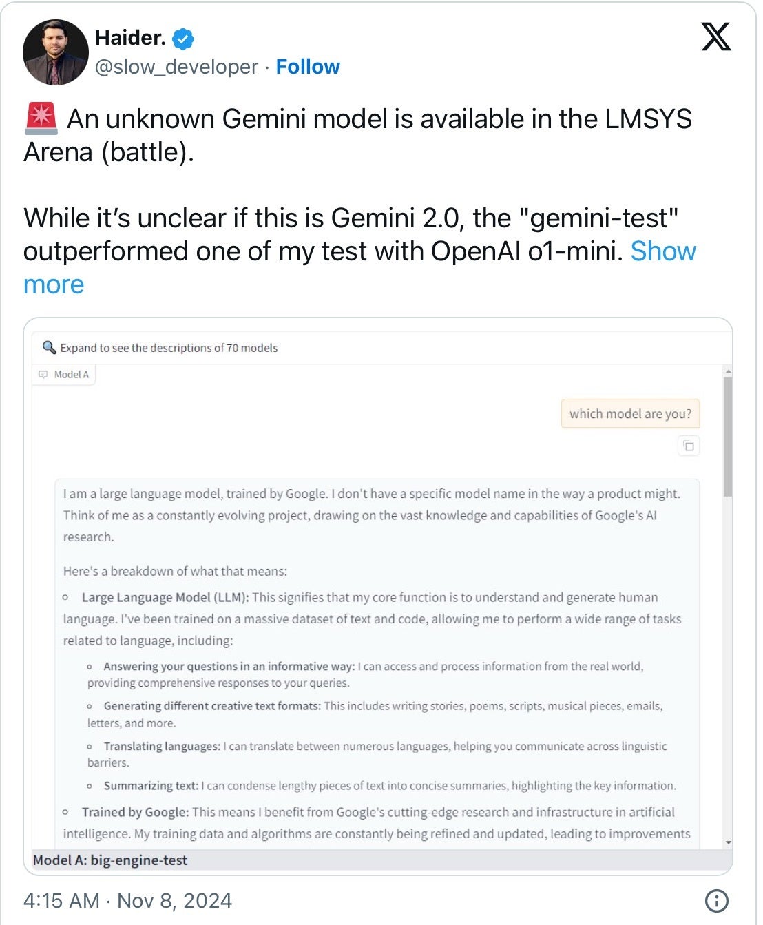 Bilinmeyen yeni bir Gemini modelini gösteren bir X gönderisinin ekran görüntüsü