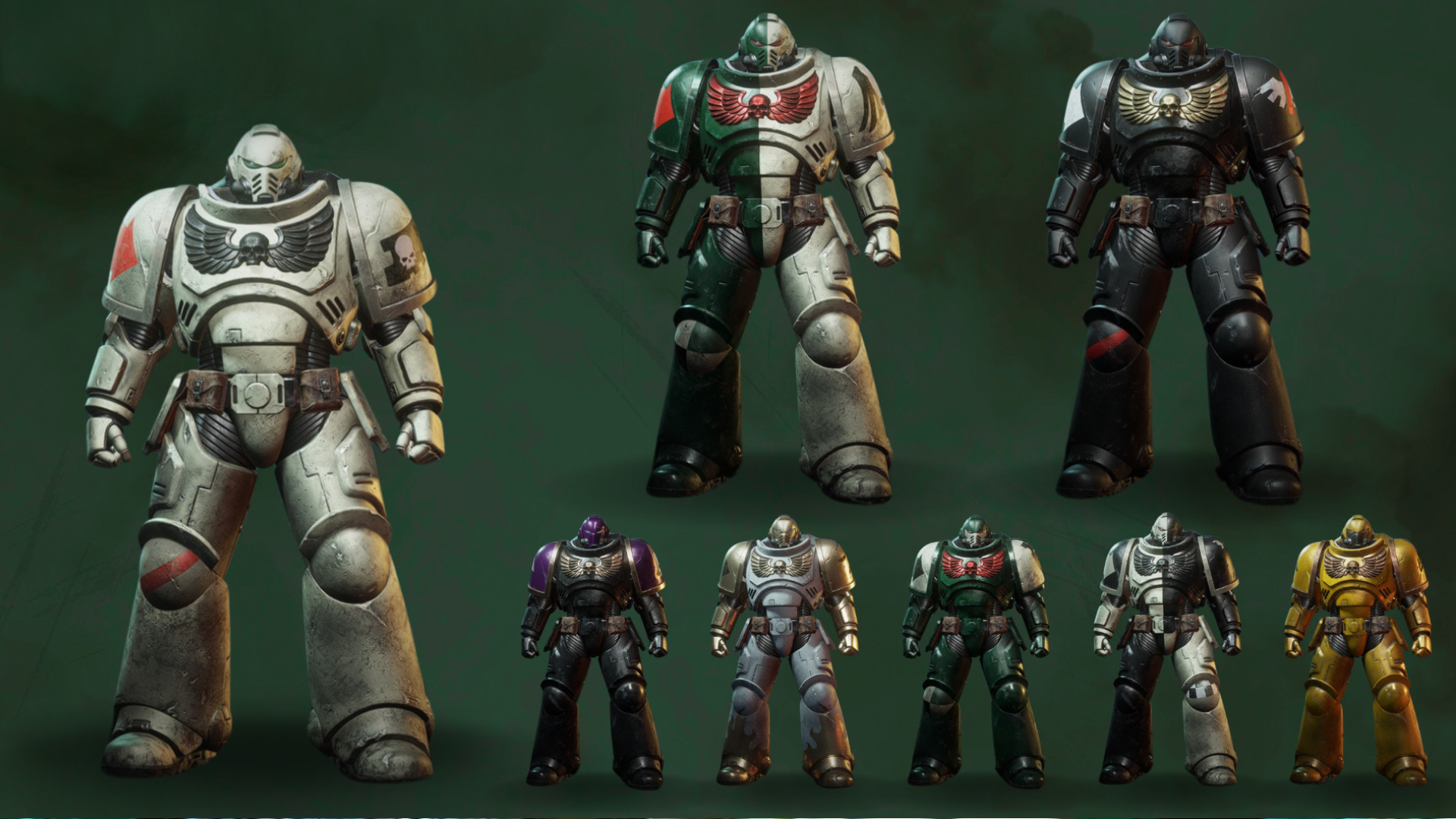 Warhammer 40k Space Marine 2 - Dark Angels Bölüm Paketindeki bir dizi kıyafet.