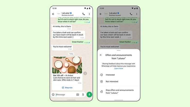 Bir işletme hesabından gelen ürün sorgusu ve promosyon mesajı hakkında WhatsApp sohbeti.