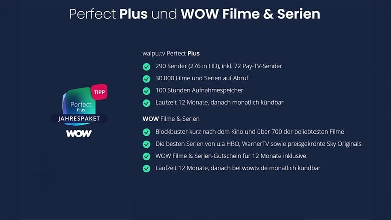 waipu.tv Perfect Plus ve WOW Films & Series, 290 kanal, 30.000 film ve 100 saatlik kayıt depolama alanı sunar.