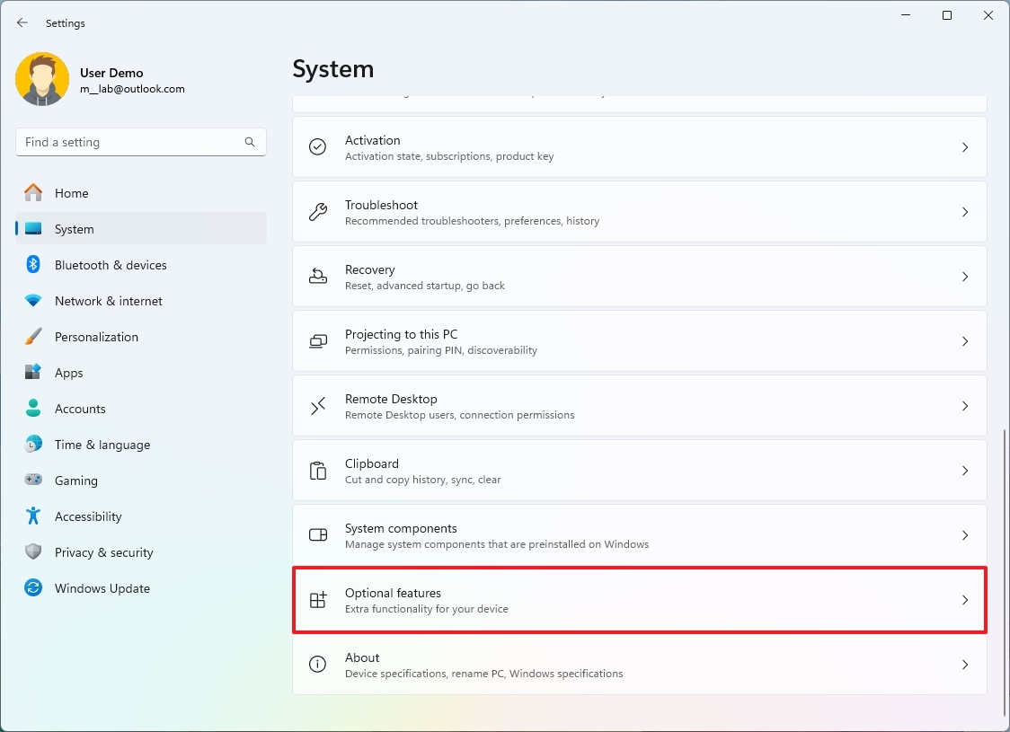 Windows 11 açık İsteğe bağlı özellikler