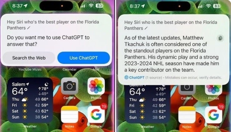 ChatGPT entegrasyonuna sahip Siri örneği. | Resim kredisi-PhoneArena - iOS 18.2'nin kararlı sürümü yaklaşırken Apple, iOS 18.2 beta 4'ü piyasaya sürüyor