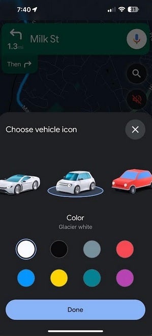 ekran görüntüsü, Google Haritalar'ın iOS sürümü için yeni özelleştirilebilir simge seçeneğini gösterir.