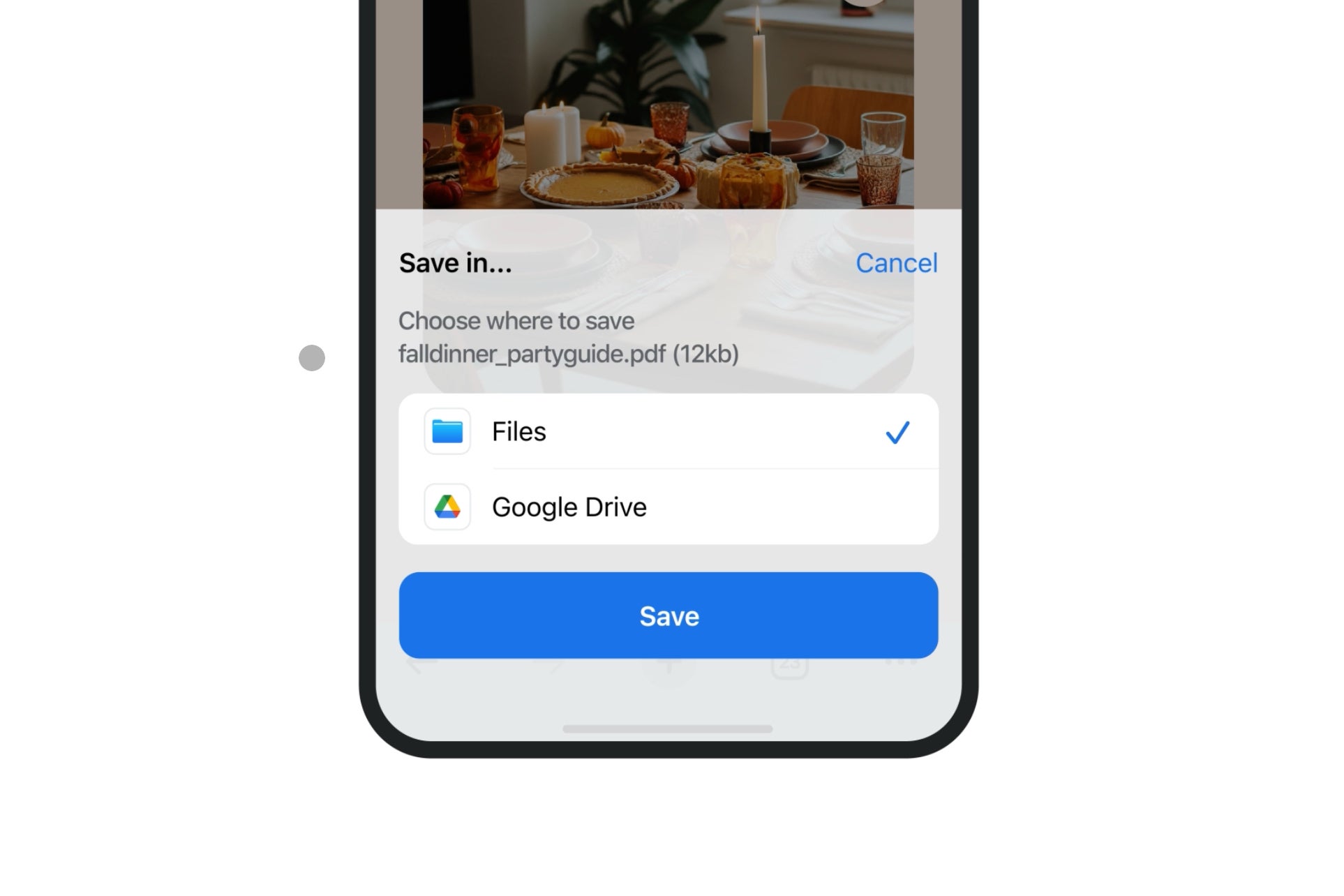 iOS için Google Chrome'un Google Drive'a kaydetme seçeneğinin ekran görüntüsü