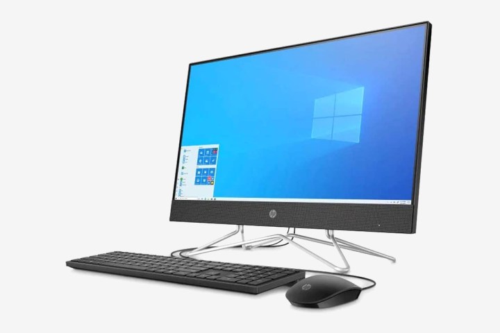 Fare ve klavyeye sahip HP All-in-One 24 masaüstü bilgisayar.