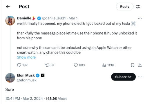 Musk'ın Mart ayında Apple Watch uygulamasını doğrulayan yanıtından bir ekran görüntüsü