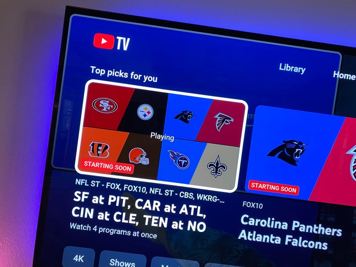 YouTube TV'de NFL Pazar Bileti çoklu görüntüleme seçeneği.