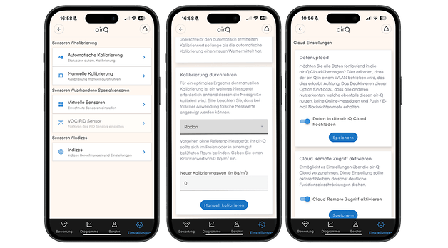 Sensör kalibrasyonu ve bulut veri yüklemesi için airQ uygulaması ayarlarını gösteren üç akıllı telefon ekranı.