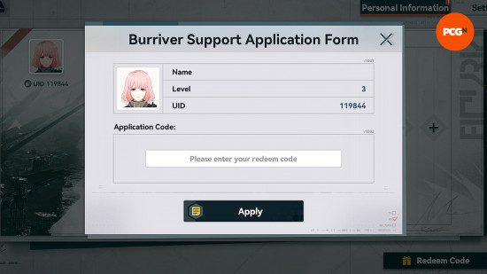 Oyun içinde Girls Frontline 2 kodlarını girmek için bir kutuyu gösteren oyuncu karakteri kimlik kartı.