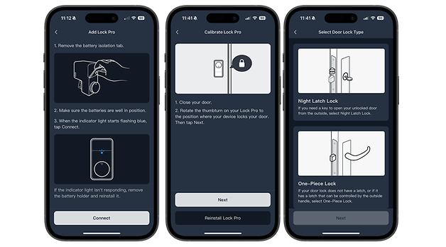 Pil kurulumu ve kilit tipi seçimi de dahil olmak üzere SwitchBot Smart Lock Pro kurulum adımlarını gösteren ekranlar.